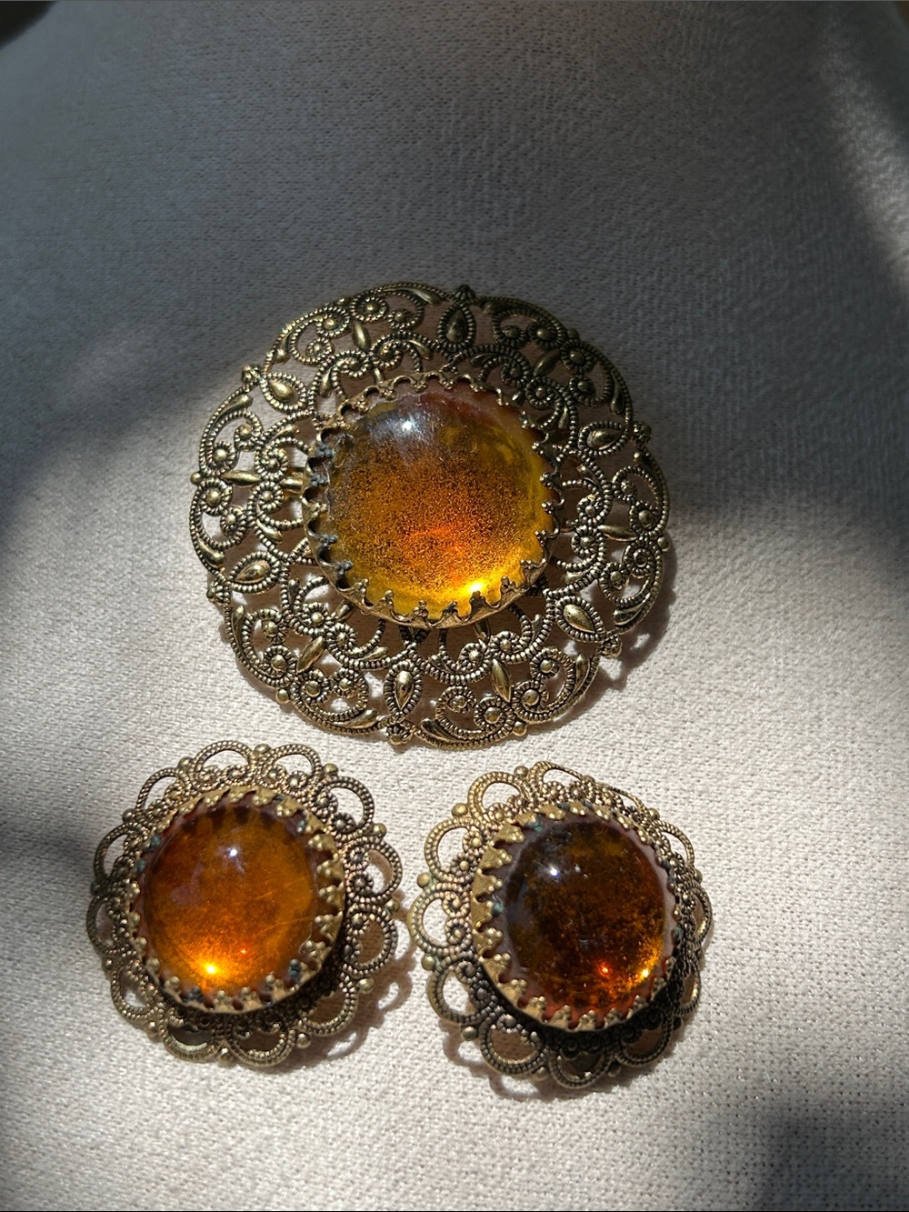 Western Germany 🇩🇪 Vintage Amber Glass Filigree Brooch and Earrings Set